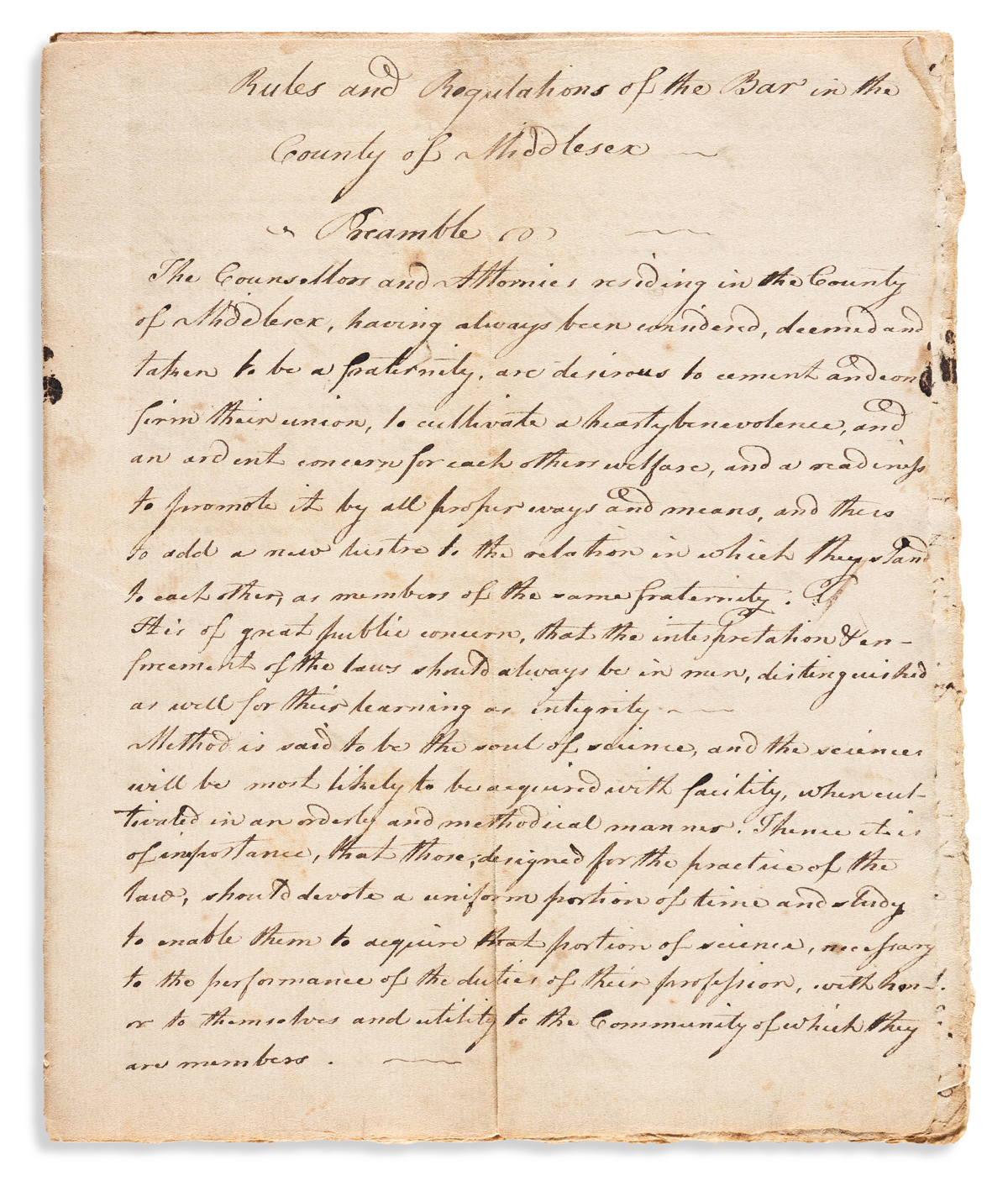 (LAW.) Manuscript rules, constitution, and founding minutes of the Gentlemen of the Bar in the County of Middlesex.